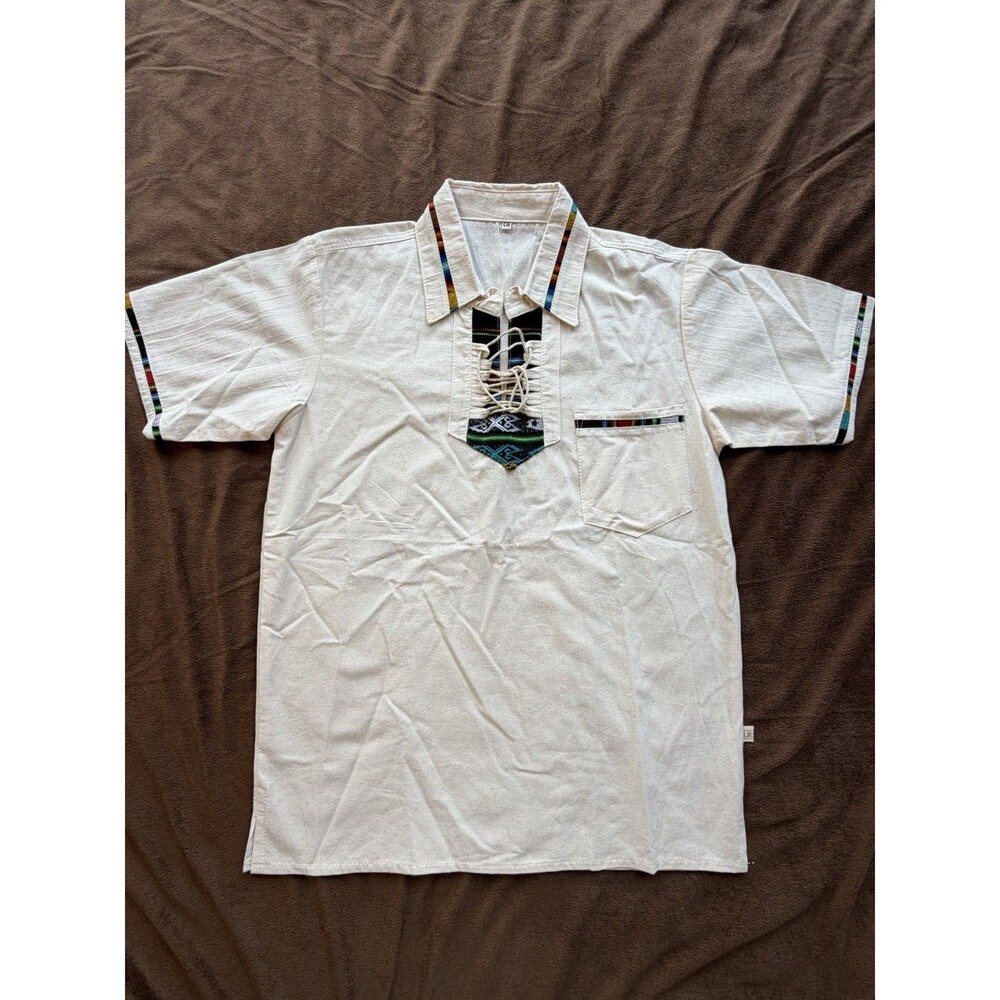 LRS Men's Cotton Ivory Multicolor Lace-Up Short Sleeve Bohemian Shirt CH